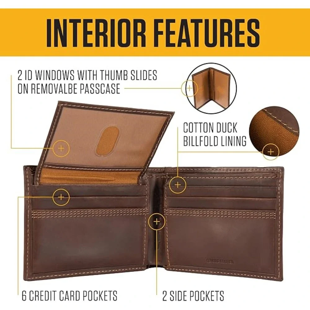 CARHARTT Men's Leather Triple Stitch Detroit Passcase Bi-Fold Wallet (Black)